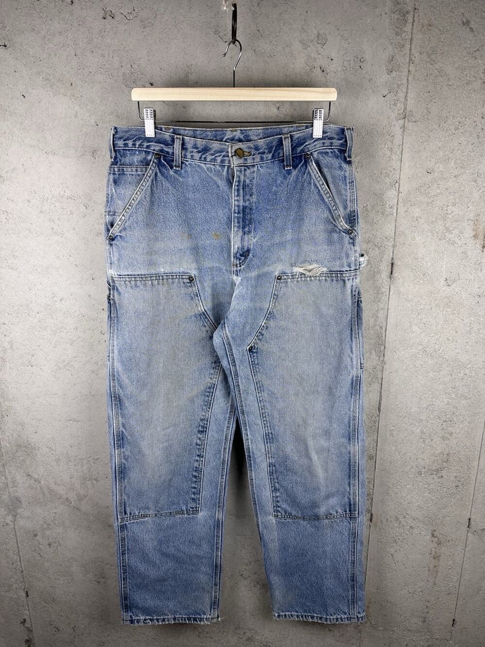 Vintage Carhartt Denim Faded Distressed Repaired Double Knee Pants B73DST 34x32